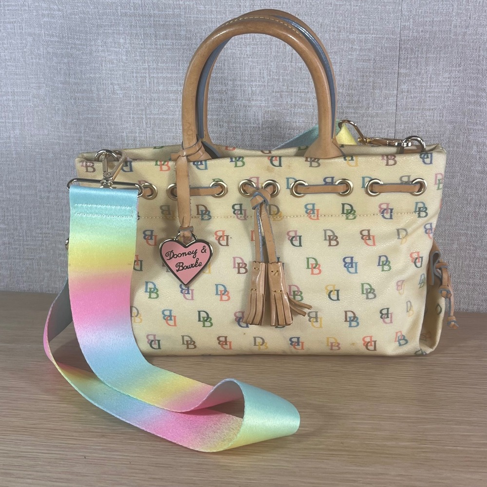 Dooney & Bourke Vintage DB Monogram Satchel Y2K Cream Multi Rainbow Strap Pouch
